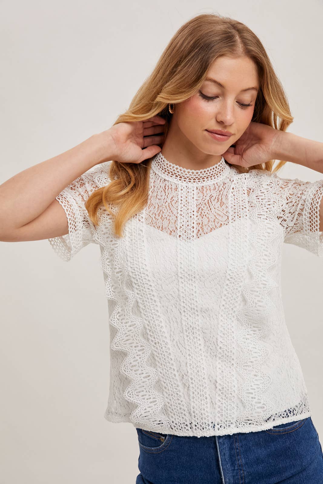 Bluivy Mock Neck Lace Top with Button Back - Ivory