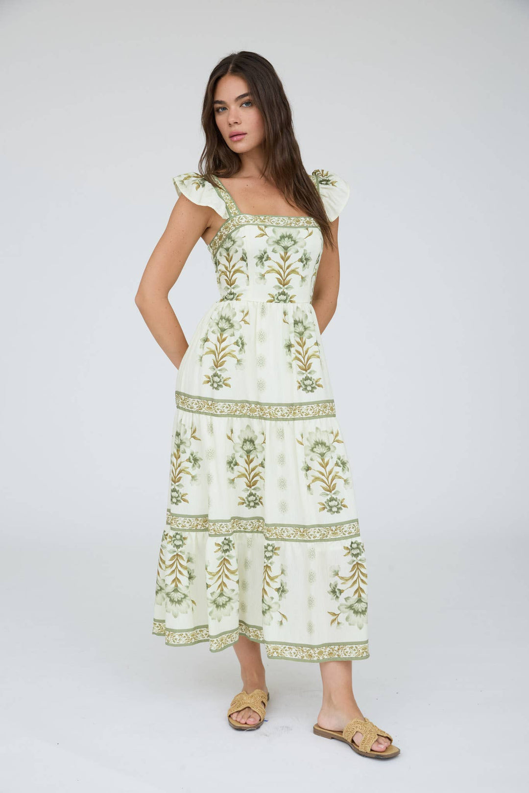 Blu Pepper Abstract Floral Ruffle Strap Tiered Midi Dress in Olive