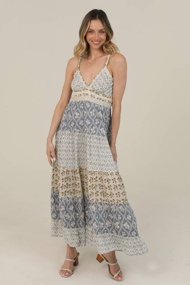 Angie V-Neck Mix Print Lace Trim Maxi Dress in Vintage Blue 2