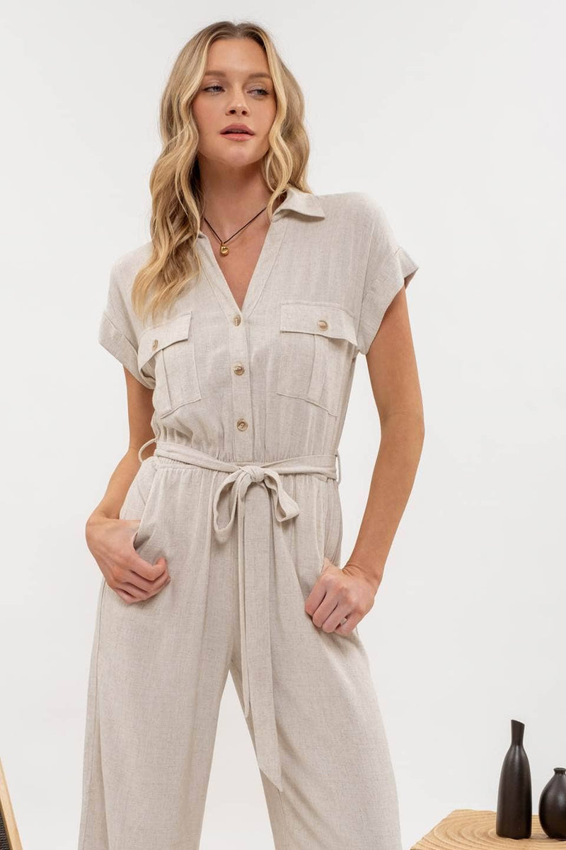 Button Down Belted Wide Leg Jumpsuit