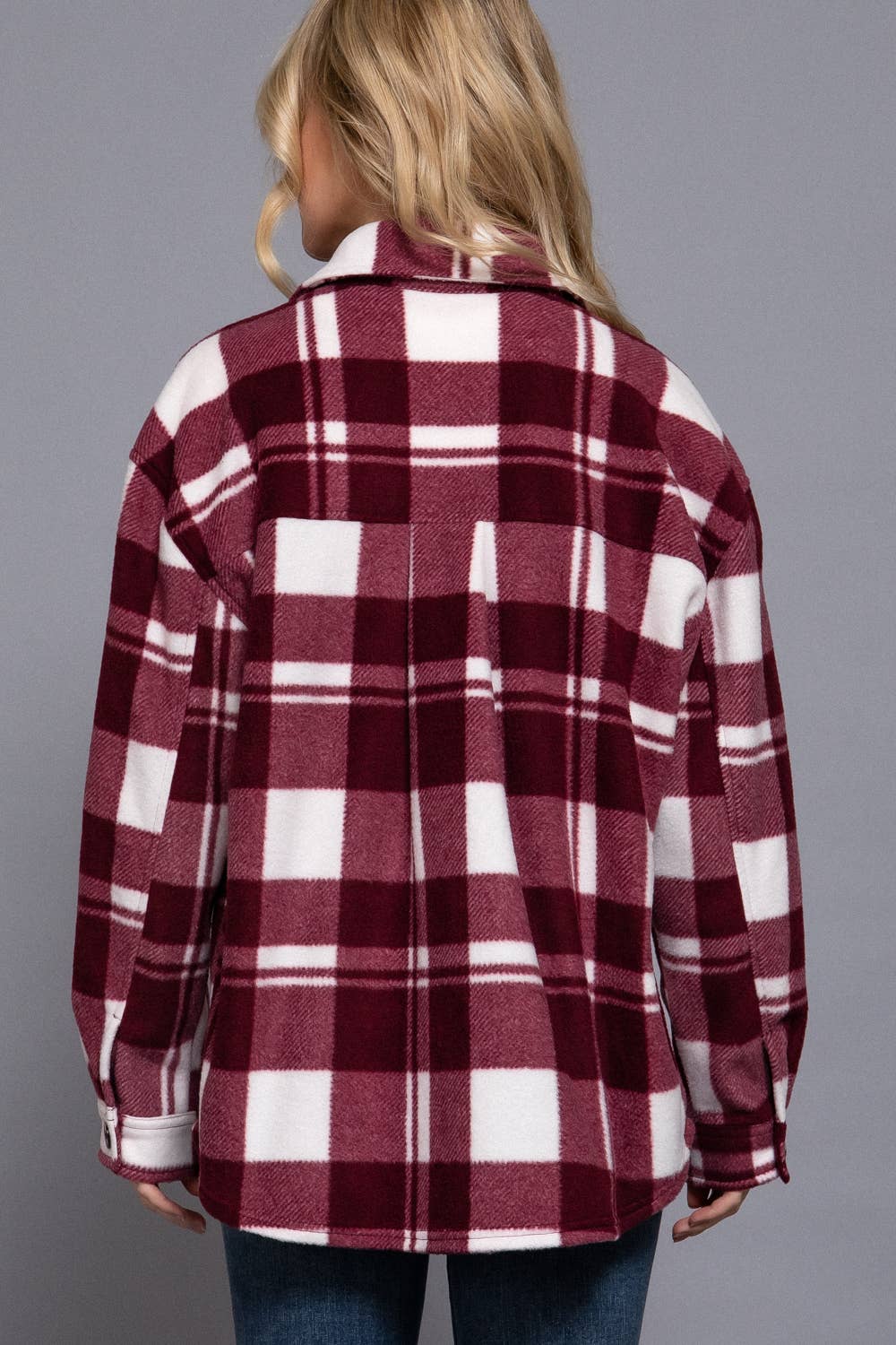 Long Sleeve Check Printed Fleece Shacket Burgundy 1