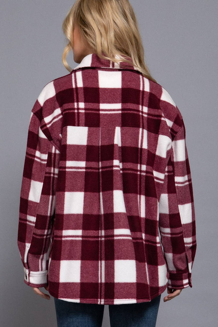 Long Sleeve Check Printed Fleece Shacket Burgundy 1