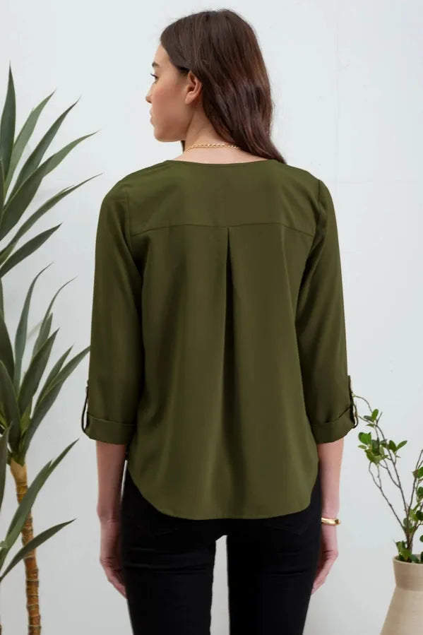 Solid Tab Sleeve Blouse