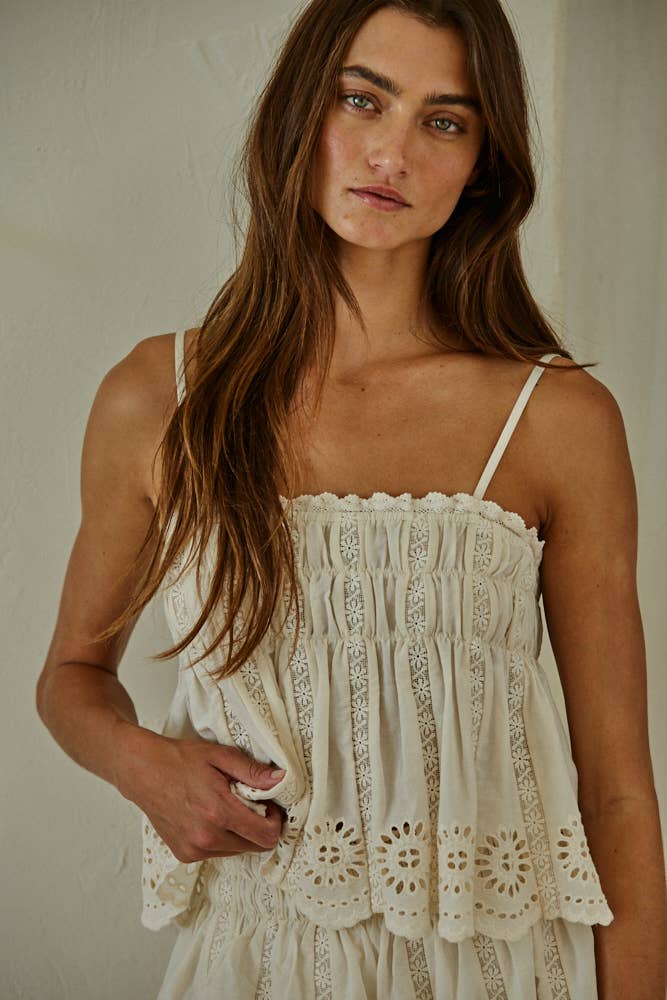 By Together - Woven Eyelet Tube Neck Spaghetti Strap Top Natural