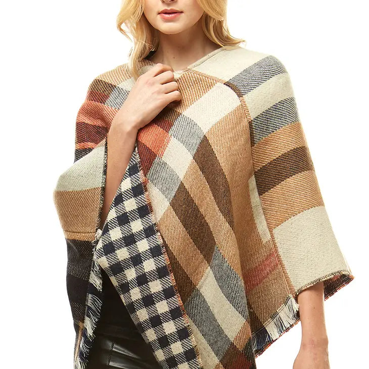 Plaid Poncho with Fringes