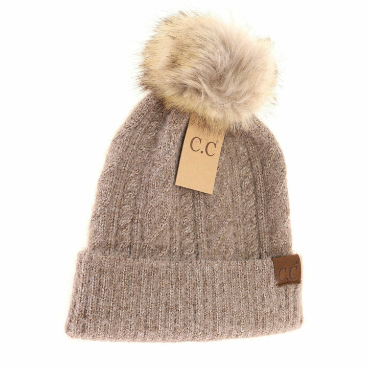 Soft Cuff Cable Knit Fur Pom C.C Beanie Taupe