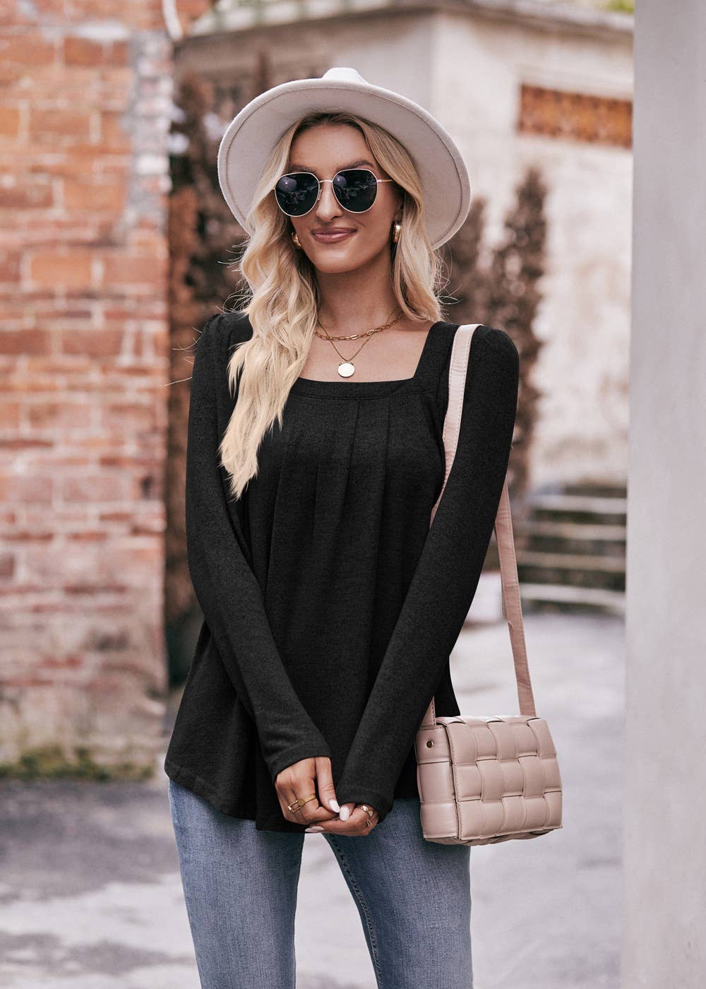 Pleated Square Neck Long Sleeve Top blk1