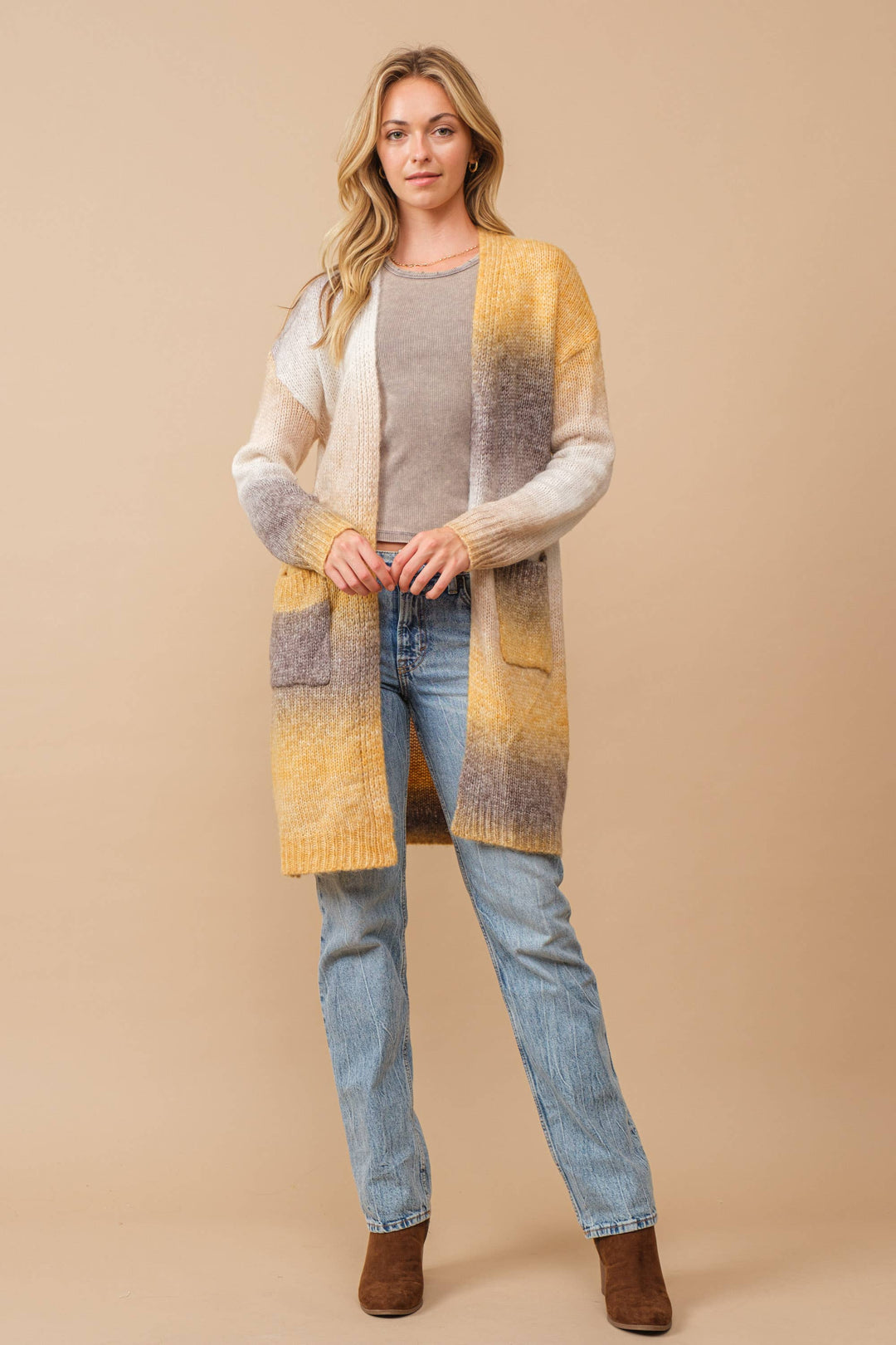 Ombre Brushed Yarn Knit Open Cardigan mustard5