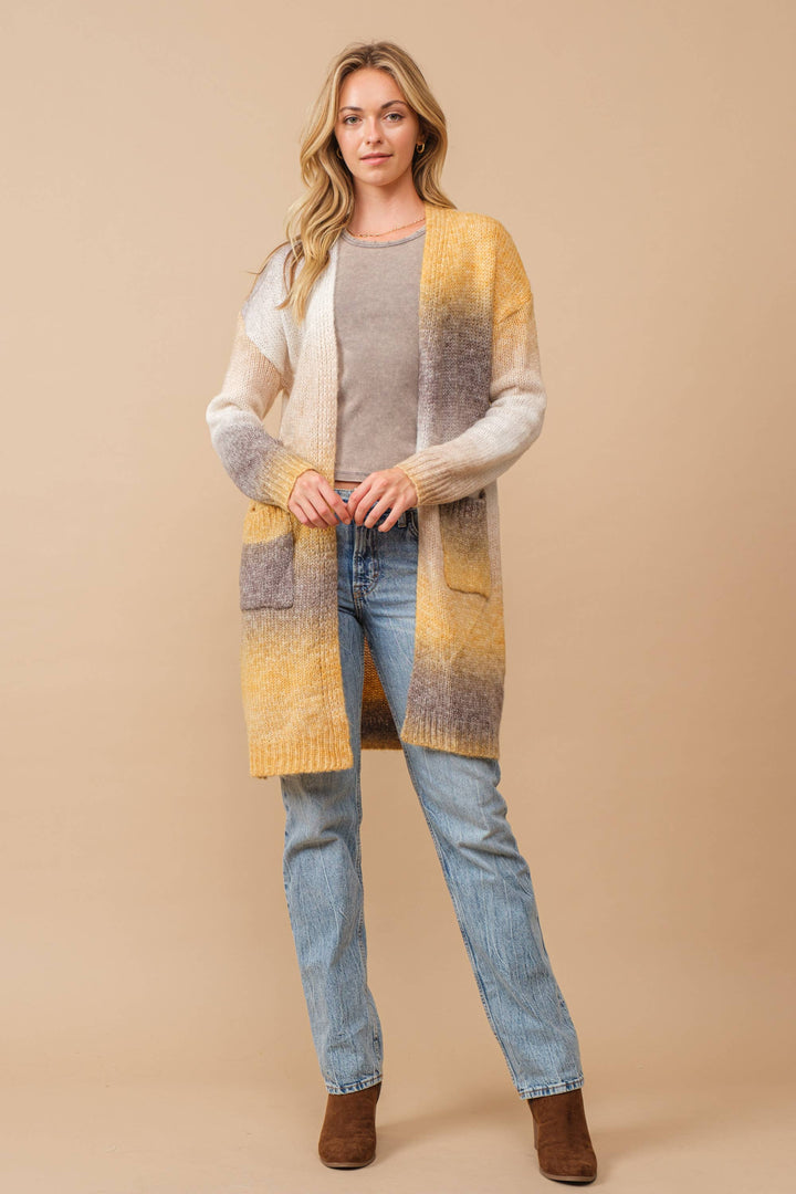 Ombre Brushed Yarn Knit Open Cardigan mustard5