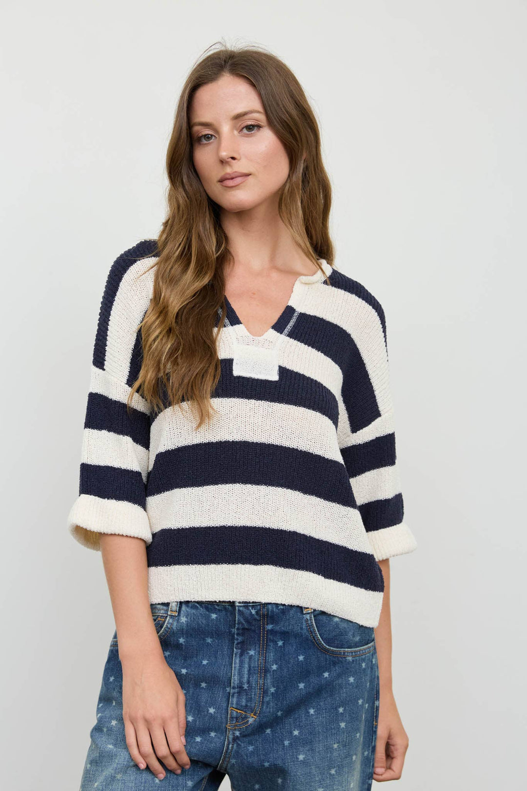 Blu Pepper - Wide-Stripe Split-Neck Short-Sleeve Sweater in Navy