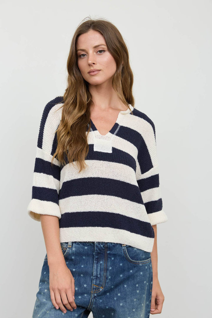 Blu Pepper - Wide-Stripe Split-Neck Short-Sleeve Sweater in Navy