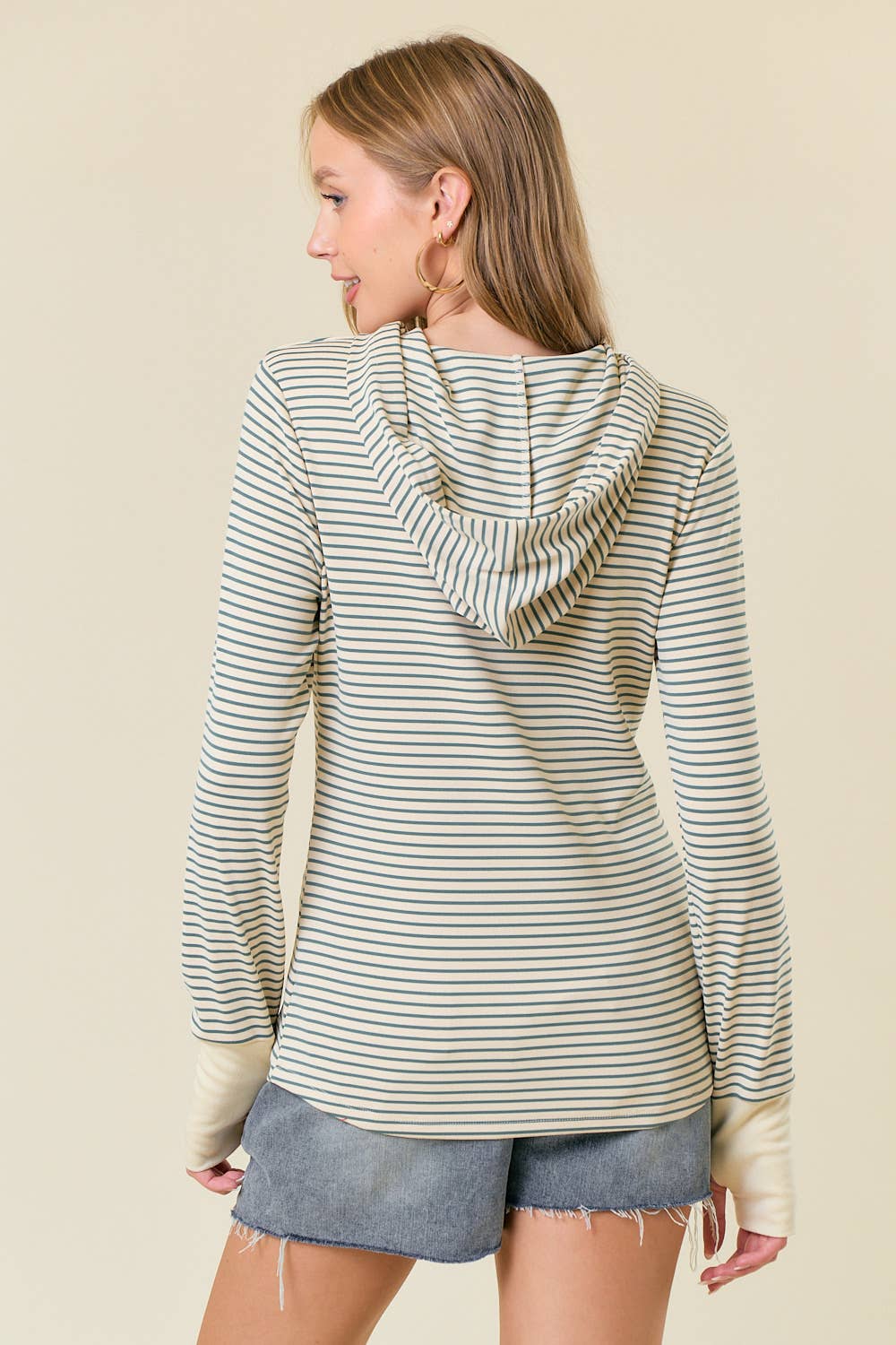 Stripe Long Sleeve Henley Hood Top green3
