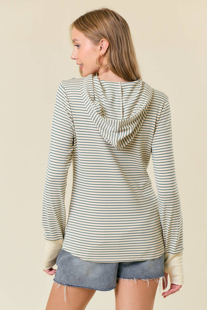 Stripe Long Sleeve Henley Hood Top green3