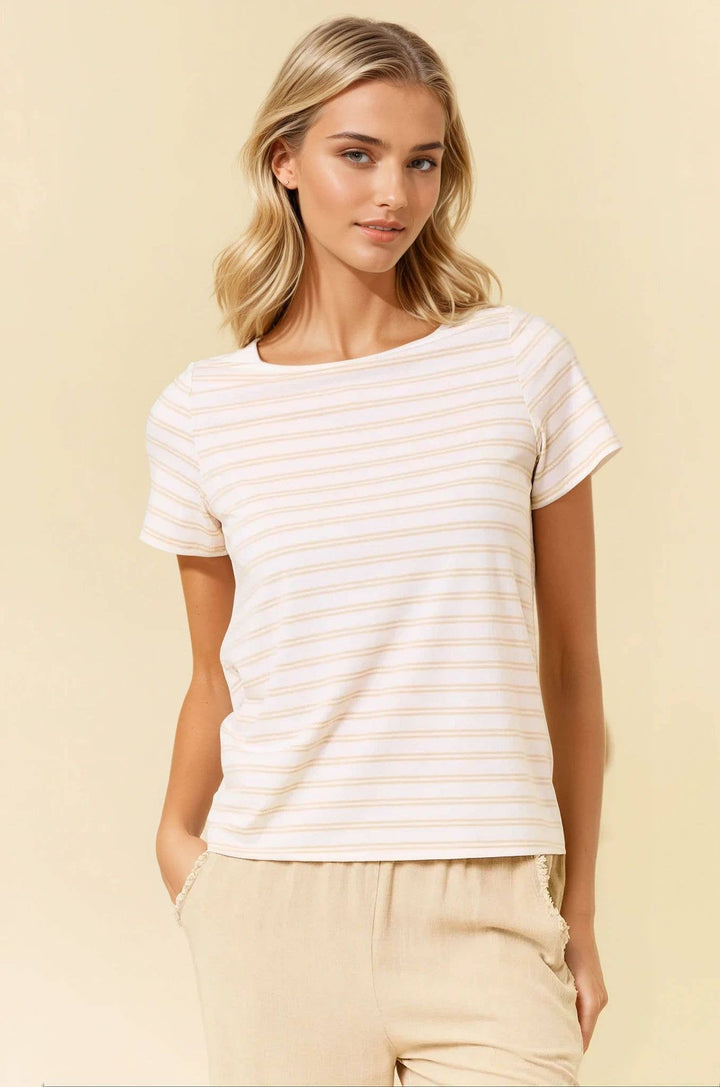 Doe and Rae - Soft Stripe Boat Neck Short Sleeve Tee in Cream 1