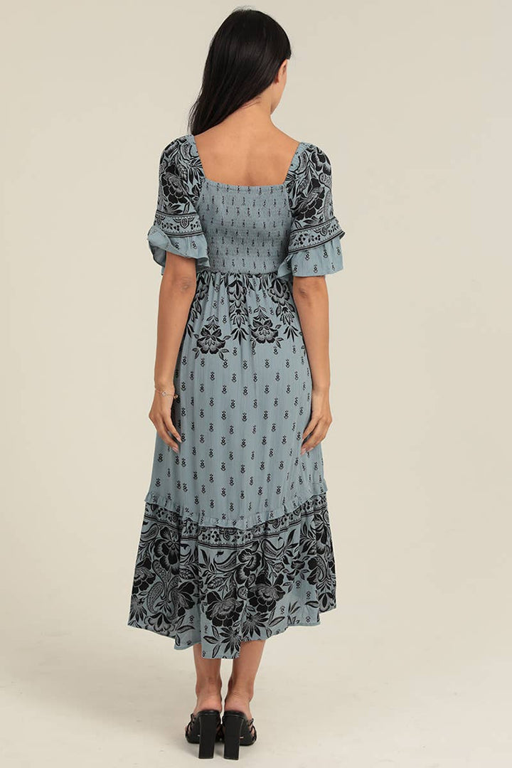 Angie Maxi Flare Sleeve Tiered Dress with Slit Green back