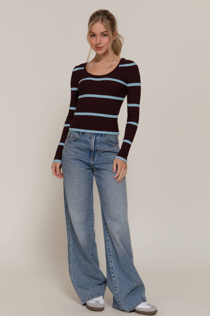 Double Scoop Neck Stripe Sweater Maroon/Light Blue 4