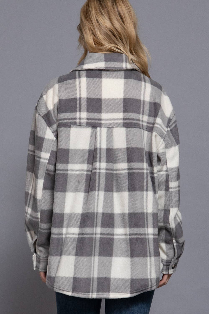 Long Sleeve Check Printed Fleece Shacket Grey 1