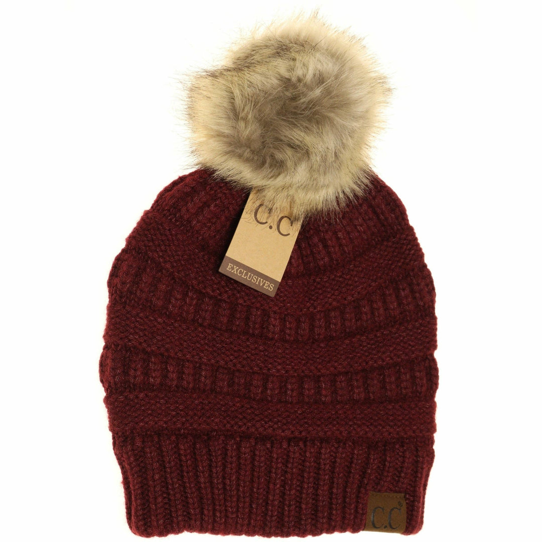 Mixed Soft Yarn Natural Pom Beanie Berry