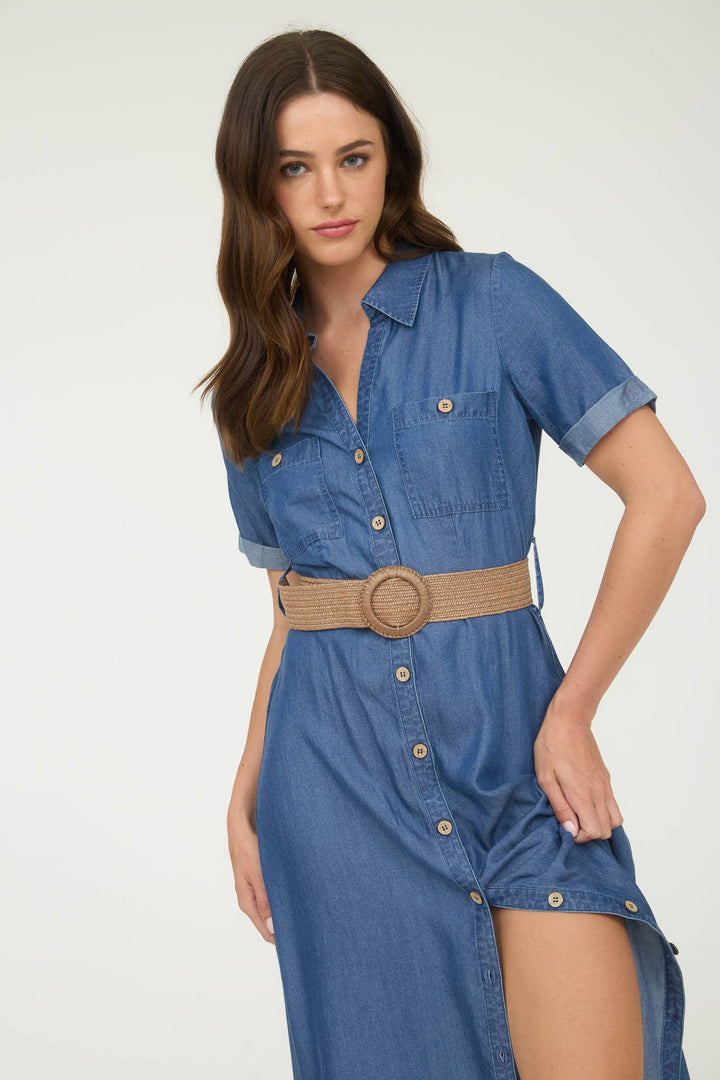 Chambray Collared Belted Shirt Dress Indigo 1