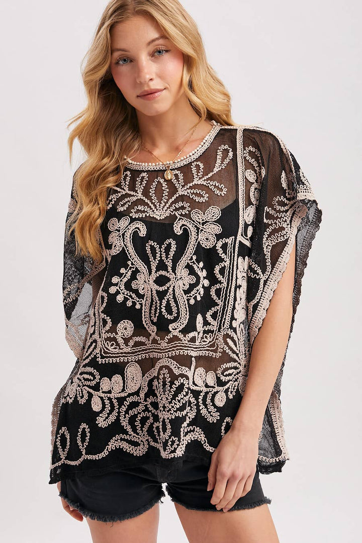 Mesh Embroidered Crochet Top black