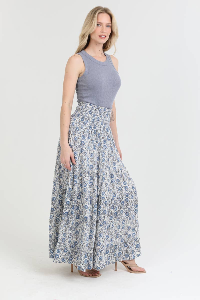 Angie Floral Tiered A-Line Maxi Skirt with Smocked Waist Blue 1