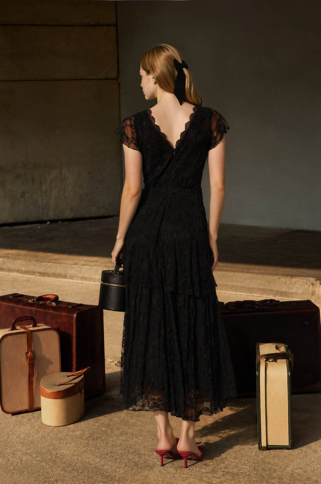 Blu Pepper - Black Tiered Lace V-Neck Midi Dress 3