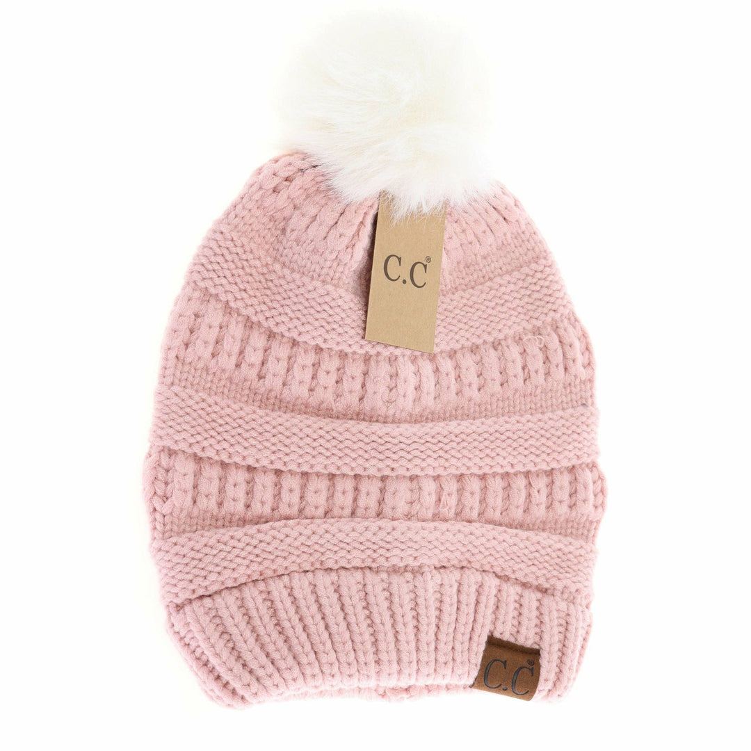 Super Soft Matching Fur Pom C.C Beanie Rose/Ivory