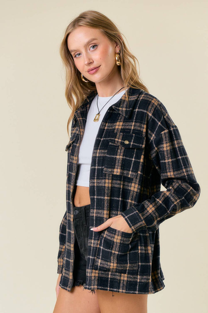 Brushed Plaid Oversized Zip Up Jacket2