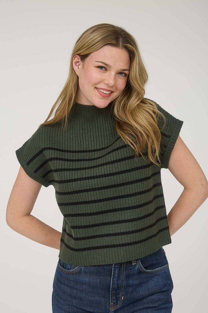 Stripe Mock Neck Short Sleeve Knit Sweater green2