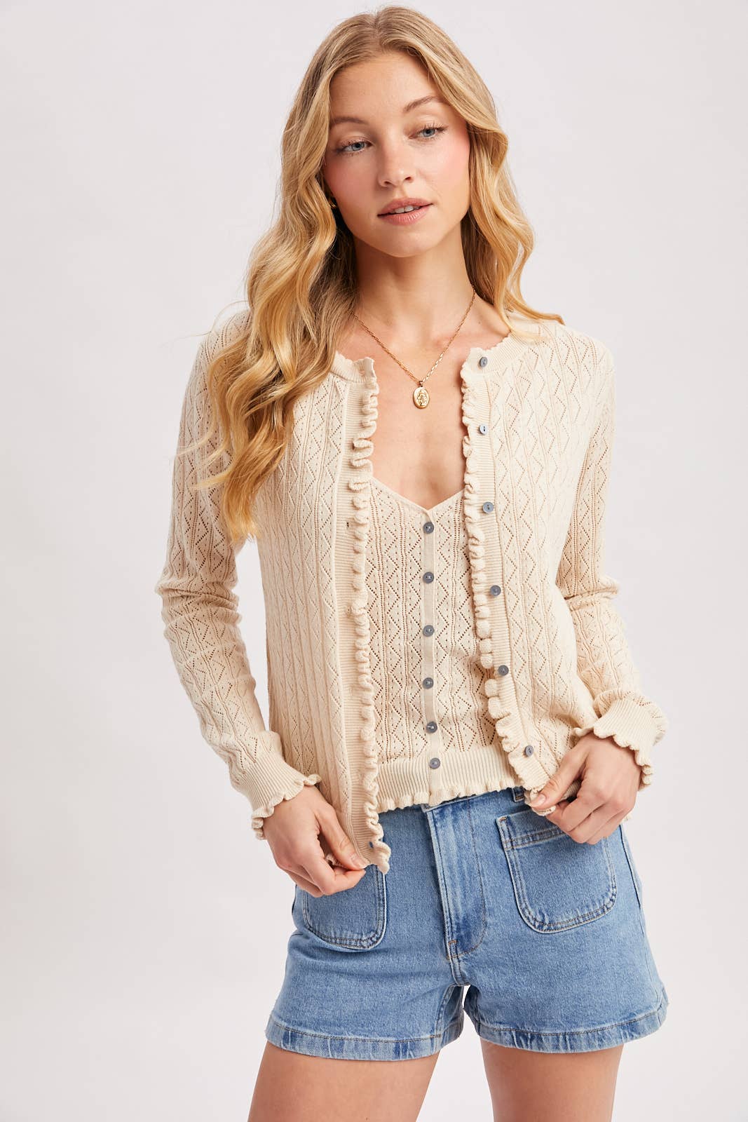 Bluivy Pointelle Knit Ruffled Hem Cami - Natural