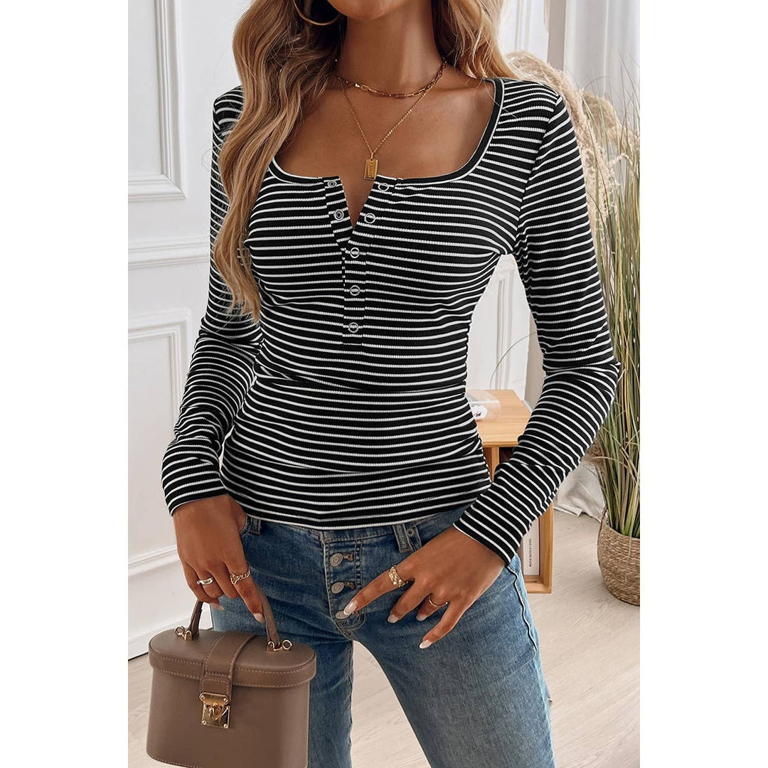Striped Print Half Button Long Sleeves Slim Shirt black1