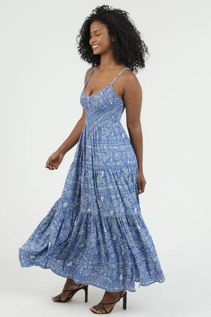 Angie V-Neck Smocked Bodice Maxi Dress in Blue 2