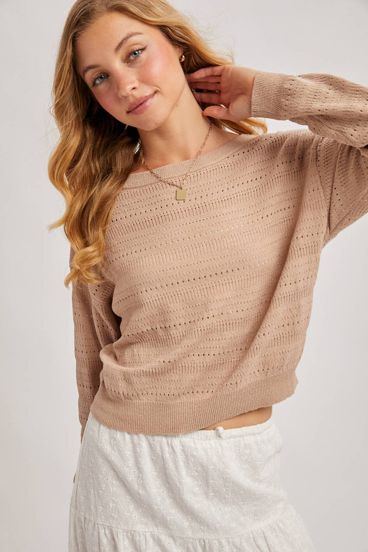 Bluivy Open Knit Long Sleeve Pullover Top in Latte