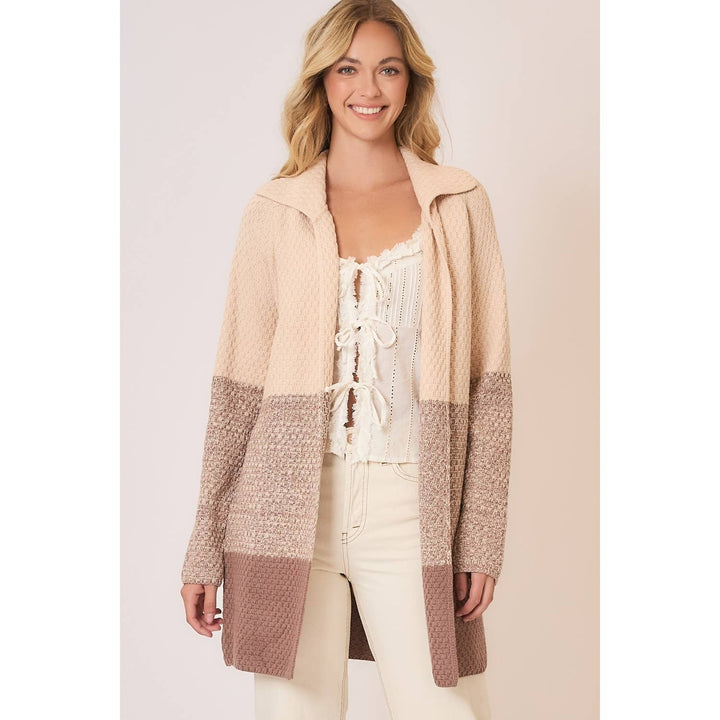 Waffle Knit Color Block Wide Collar Cardigan4
