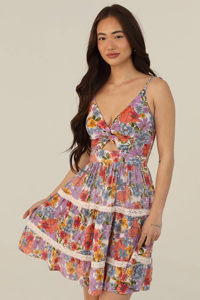 Angie V Neck Twist Front Lace Trim Floral Print Sundress Ivory