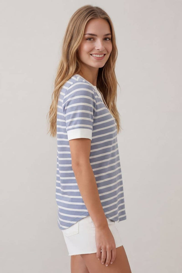 Doe and Rae Split V-Neck Striped Short Sleeve Top in Steel Blue side