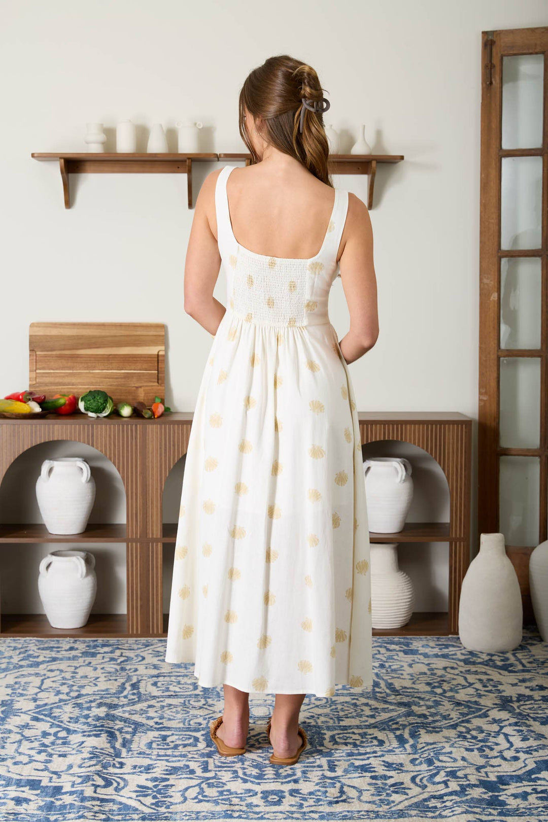 Natural linen blend midi dress with seashell print detail