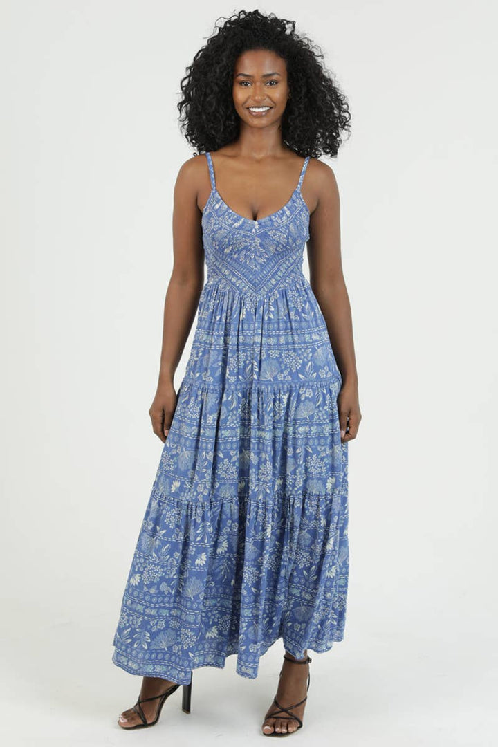 Angie V-Neck Smocked Bodice Maxi Dress in Blue 1