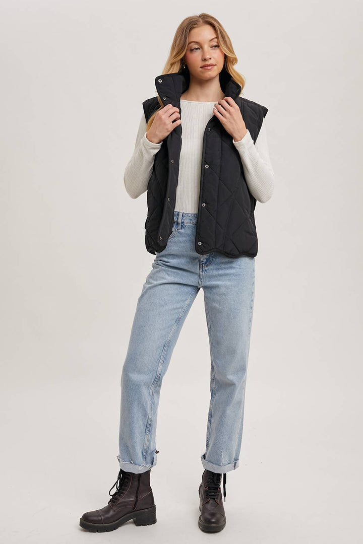 Bluivy Button-Down Quilted Puffer Vest with Pockets in Black 8