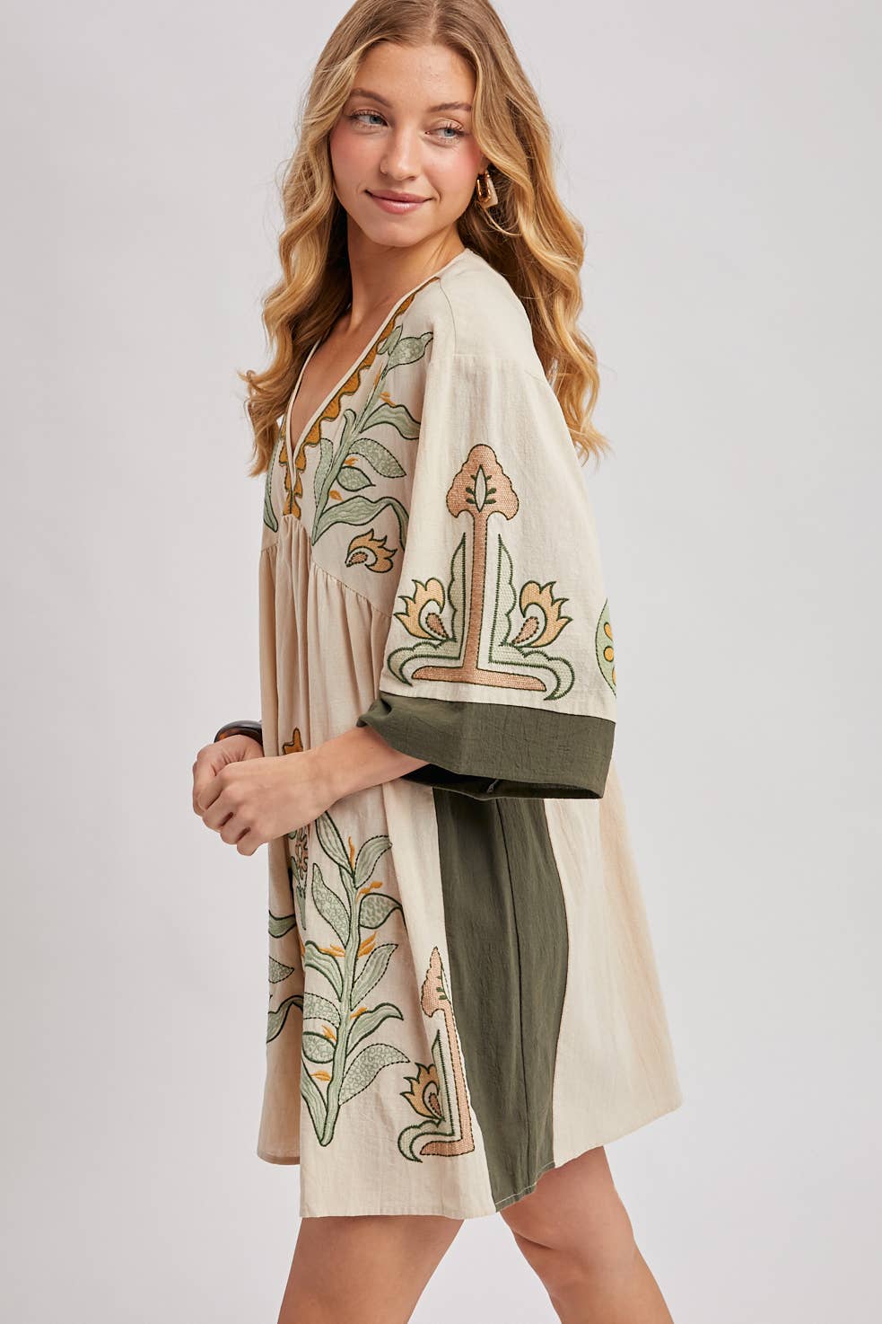 Bluivy Boho Embroidered Babydoll Dress - Sage