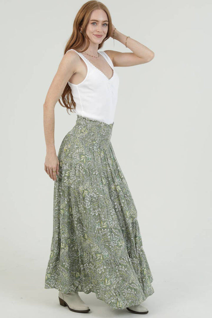 Angie Tiered Maxi Skirt with Smocked Waistband Green 1