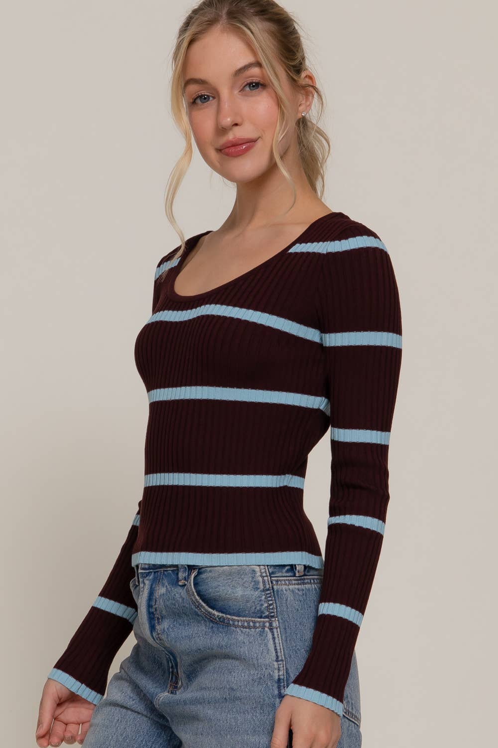 Double Scoop Neck Stripe Sweater Maroon/Light Blue 1