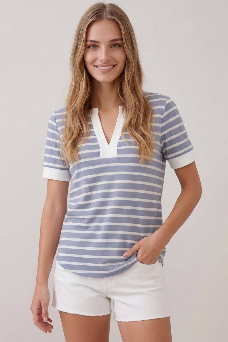 Doe and Rae Split V-Neck Striped Short Sleeve Top in Steel Blue