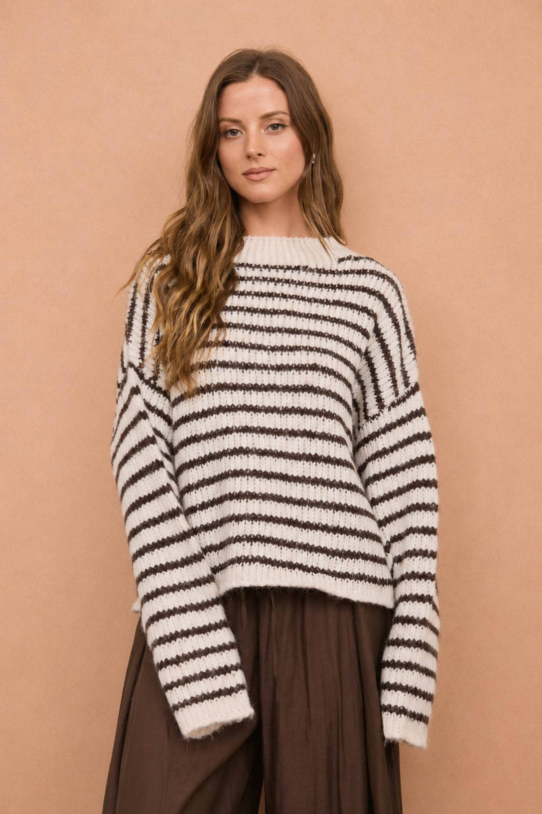 Blu Pepper - Ivory Striped Mock-Neck Rolled-Edge Sweater