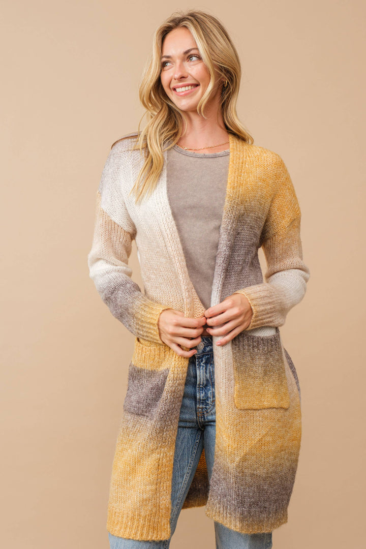 Ombre Brushed Yarn Knit Open Cardigan mustard9