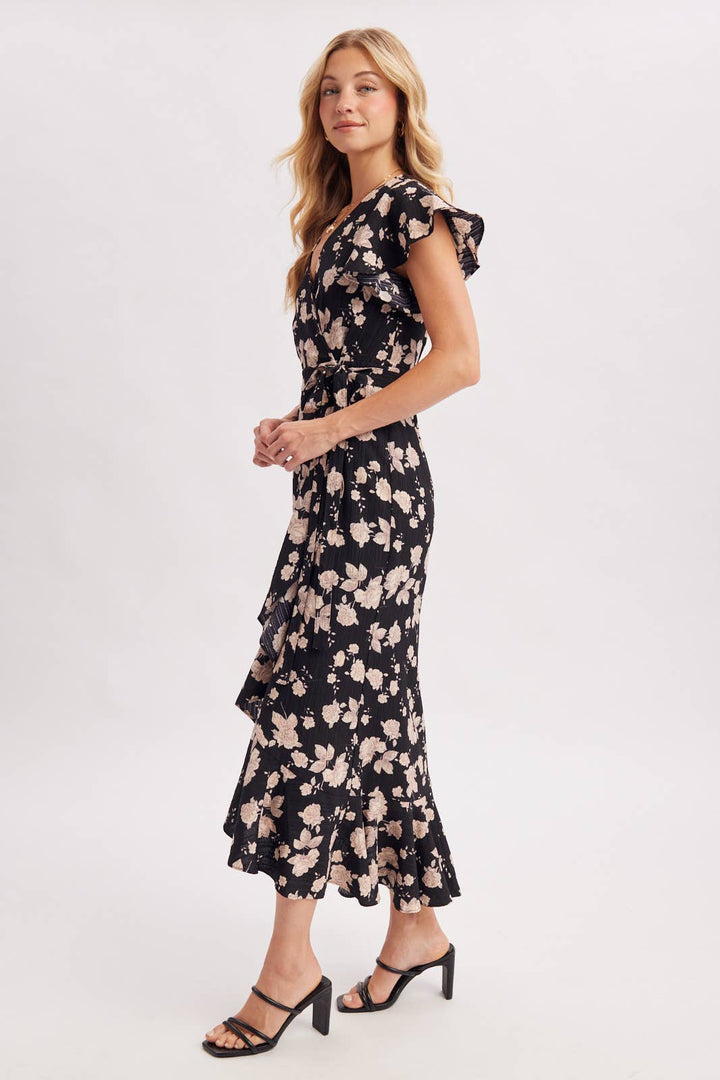 Bluivy Floral Ruffle Wrap Midi Dress in Black side