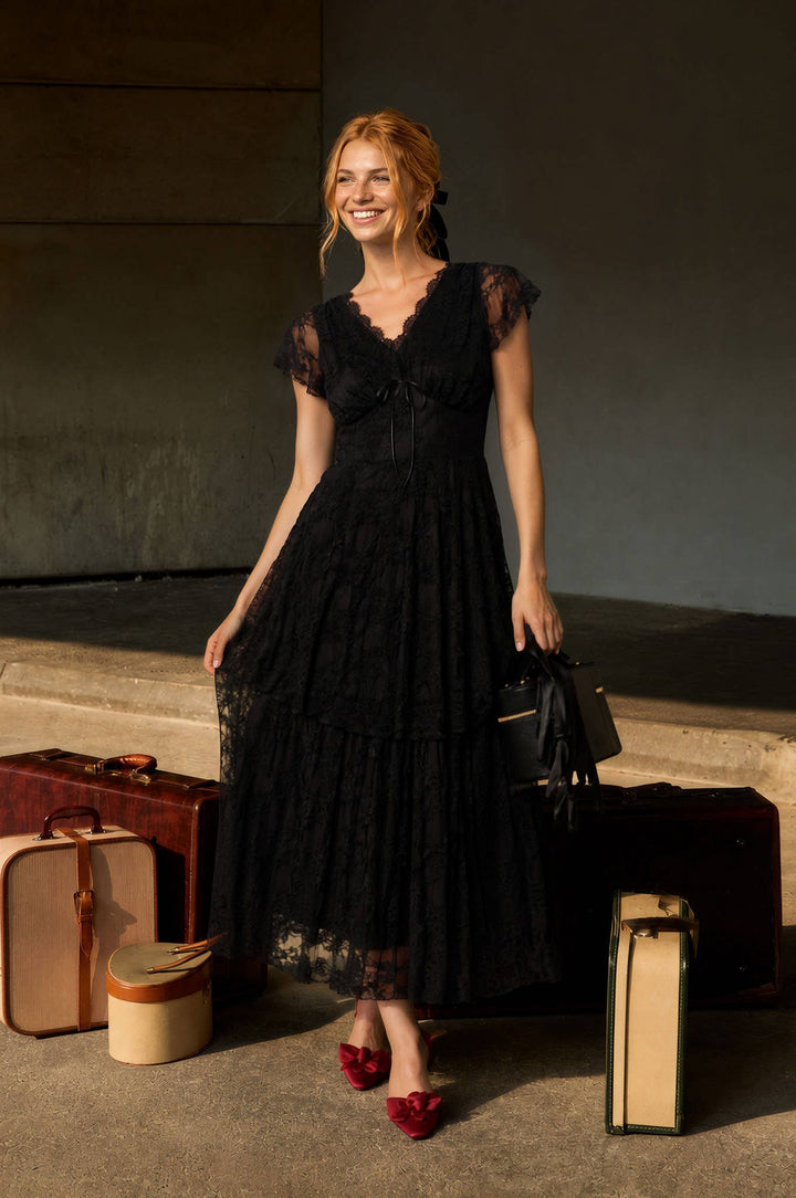 Blu Pepper - Black Tiered Lace V-Neck Midi Dress 1