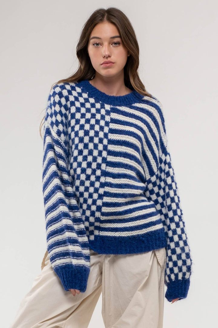 Blu Pepper Stripe Checkered Sweater