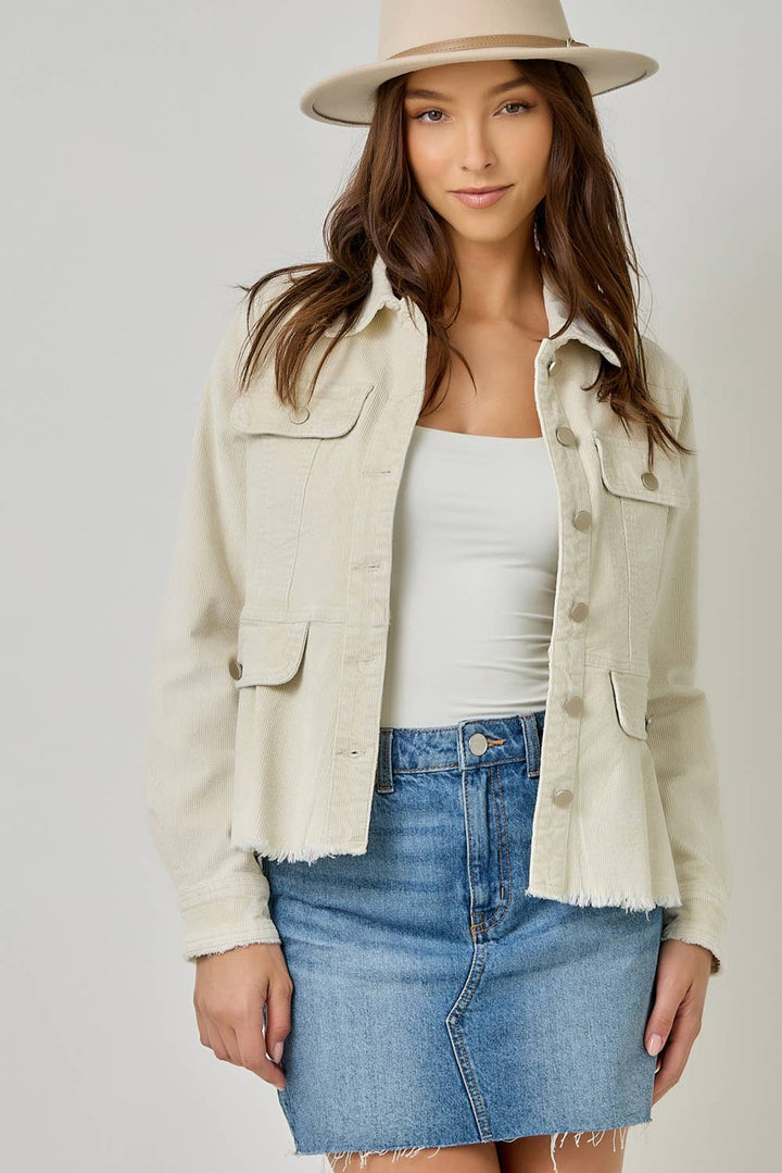 Mystree Washed Denim Peplum Jacket - Vintage Ivory 1
