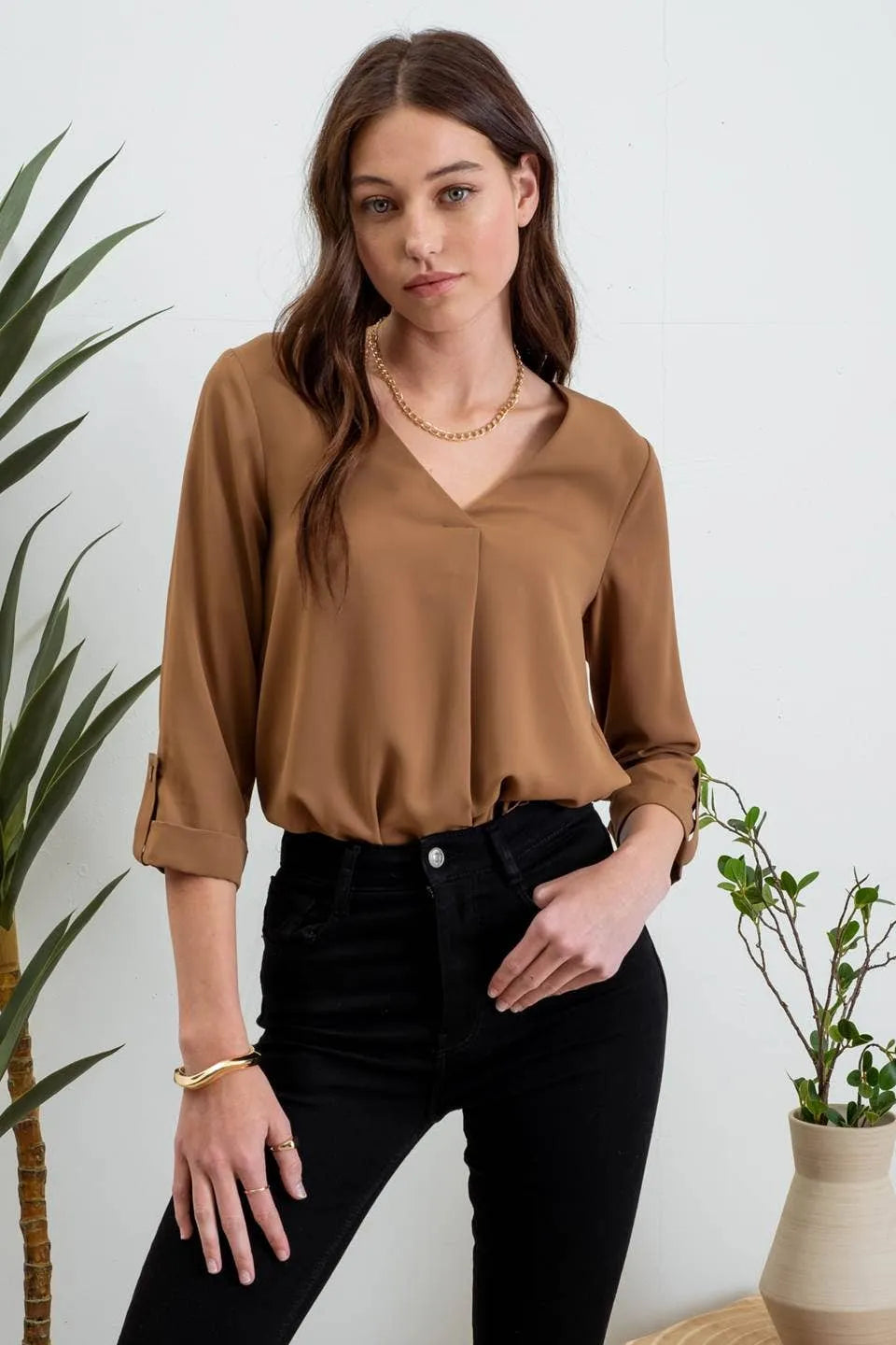 Solid Tab Sleeve Blouse